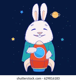 Cute vector illustration with rabbit and rocket in his paws on the dark sky background with cartoon stars