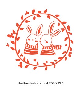 Cute vector illustration with rabbit and striped sweater red color,floral frame,winter,Doodle style.