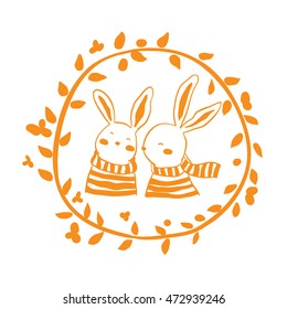 Cute vector illustration with rabbit and striped sweater orange color,floral frame,winter,Doodle style.