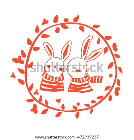 Cute vector illustration with rabbit and striped sweater red color,floral frame,winter,Doodle style.