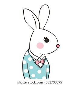 Cute vector illustration of rabbit vintage pastel.Draw doodle cartoon style.