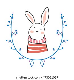 Cute vector illustration with rabbit,floral frame,winter.Doodle style.