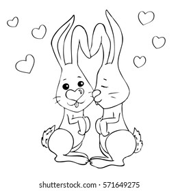 Cute vector illustration with rabbits in love. Funny coloring page