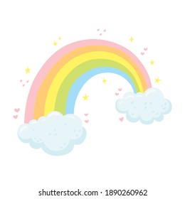 Cute vector illustration with rainbow, clouds, hearts and stars isolated on white background. Design for print, invitations, wallpaper, card