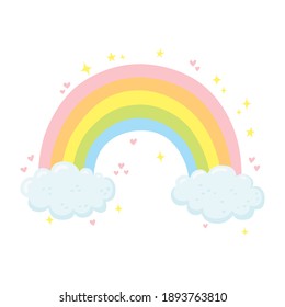 Cute vector illustration with rainbow, clouds, hearts and stars isolated on white background. Design for card, print, invitations, t-shirt