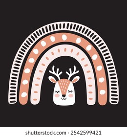 Cute vector illustration of rainbow with a deer in the middle