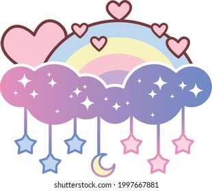 Cute vector illustration of rainbow with hearts and stars in a galactic cloud kawaii drawing