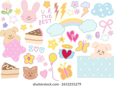 Cute vector illustration of rainbow, puppy, bunny, flower, star, cloud, polka dot pattern for animals, cartoon character, cute patches, kid doll, plush toy, sweet dessert, comic, brooch