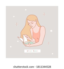 Cute vector illustration of reading girl. Colored with pastel colors. Isolated background. Stay Home inscription.