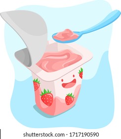 Cute vector illustration of a ready to eat strawberry yogurt with spoon