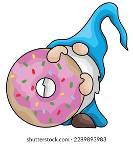 Cute vector illustration ready to print: a small dwarf and a big donut