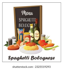 Cute vector illustration of a recipe card or grocery shopping list for the italian dish spaghetti bolognese with all its ingredients.