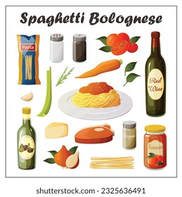 Cute vector illustration of a recipe card or ingredients grocery shopping list of the italian dish spaghetti bolgonese.