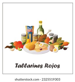 Cute vector illustration of a recipe for the peruvian dish tallarines rojos with papa a la huancaina with all its ingredients.