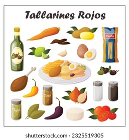 Cute vector illustration of a recipe for the peruvian dish tallarines rojos with papa a la huancaina with all its ingredients.