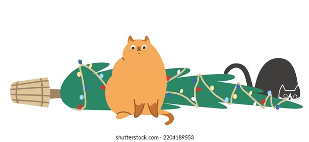 Cute vector illustration. Red and black cats knocked down a Christmas tree. 