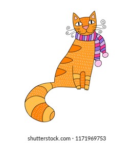 Cute vector illustration of the red cat with a scarf.