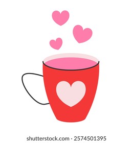 A cute vector illustration of a red cup with pink hearts floating above it. Perfect for Valentine's Day cards, romantic designs, or cozy morning scenes. 