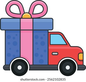 Cute vector illustration of a red delivery truck carrying a large, wrapped gift box. Perfect for holiday,  and special occasion designs.