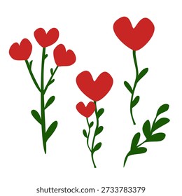 Linda Ilustración vectorial de flores rojas en forma de corazón con subgrupos y hojas verdes, aisladas sobre fondo blanco.