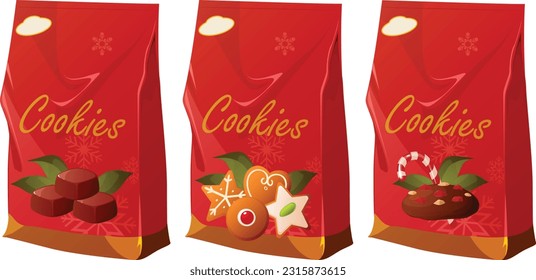 Cute vector illustration of red plastic bags of Christmas cookies.