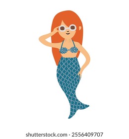 Cute vector illustration of a redhead mermaid with sunglasses