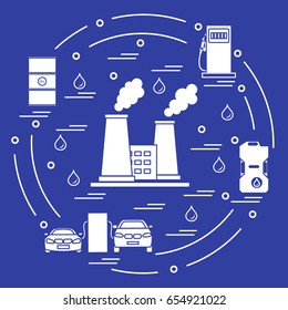 Cute vector illustration of refinery plant with smoking chimneys, canister of gasoline, barrels with oil, petrol station with two cars arranged in a circle. Design for poster or print.