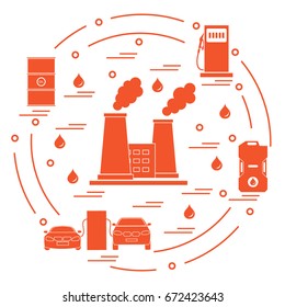 Cute vector illustration of refinery plant with smoking chimneys, canister of gasoline, barrels with oil, petrol station with two cars arranged in a circle. Design for poster or print.