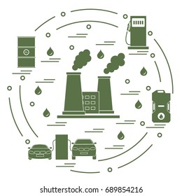 Cute vector illustration of refinery plant with smoking chimneys, canister of gasoline, barrels with oil, petrol station with two cars arranged in a circle. Design for poster or print.