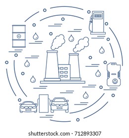 Cute vector illustration of refinery plant with smoking chimneys, canister of gasoline, barrels with oil, petrol station with two cars arranged in a circle. Design for poster or print.