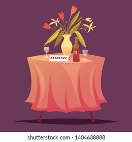 Cute vector illustration of restaurant table. Wine, flowers, romantic. Cartoon style.