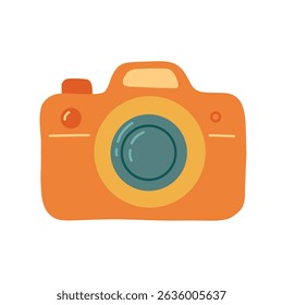 Cute vector illustration of a retro orange camera, perfect for photography themes and vintage design projects. Ideal for creative blogs, marketing materials, or digital artwork.