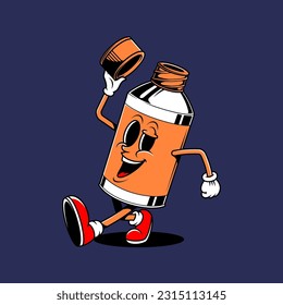Ilustración vectorial de botella de marcha retro. Logo de la caricatura de mascota de época.