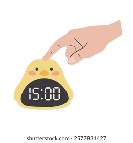 Cute vector illustration A ringing alarm clock and a hand that turns off the alarm clock. Electronic clock alarm clock with hand in cartoon style isolated on a white background