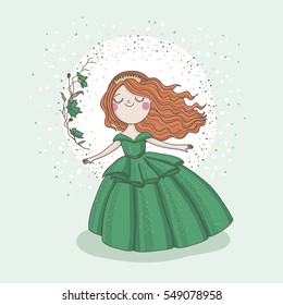 Cuta ilustración vectorial de la princesa romántica en vestido verde y corona. Cuento de hadas.