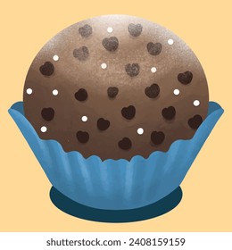 linda ilustración vectorial de un pastel redondo de chocolate blanco con corazones de chocolate espolvados en la parte superior envuelto en papel azul