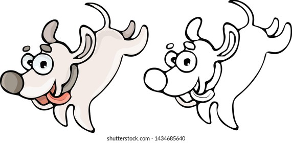 Cute vector illustration of the running dog with tongue out. Line and colorful illustration of cartoon funny white dog with big ears.