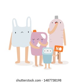 Cute vector illustration with Sad Plastic Bottles and Bag. Zero Waste concept art. No more plastic drawing background.