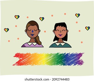 Una linda ilustración vectorial de una pareja del mismo sexo en estilo de dibujos animados, ilustración vectorial de una pareja lesbiana de dos mujeres de color con un garabato de comunidad de orgullo, concepto de relación del mismo sexo