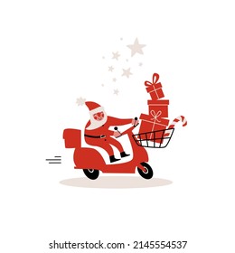 Cute vector illustration of Santa Claus driving scooter delivering present boxes. Christmas and new year drawing of Santa on moped.