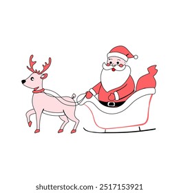 A cute vector illustration of Santa Claus in a sleigh pulled by a reindeer, perfect for Christmas and holiday-themed content.
