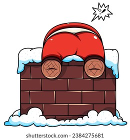 Cute vector illustration santa Clause Stuck in chimney isolated transparent background for christmas gift card