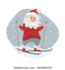 Cute vector illustration with santa goes skiing on grey background with snowfall