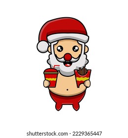 cute vector illustration of santa holding fast food