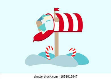 Cute vector illustration of santa's mailbox and snow. Winter theme. Letter for santa claus merry christmas and happy new year. Christmas red box.