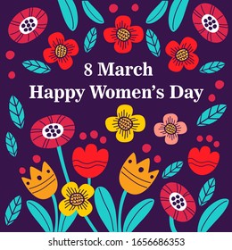 Cute vector illustration in Scandinavian and flat style. Banner or poster for the International women's day on March 8.  Gift card with dark background and colorful flowers.