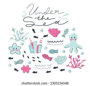 Cute vector illustration of sea life set for greeting cards, backgrounds and kids graphics.