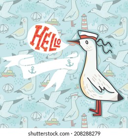 Cute vector illustration of seagull and seamless patter.