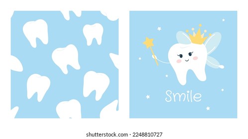 Cute vector illustration and seamless pattern with white smiling  tooth fairy isolated on blue background.
