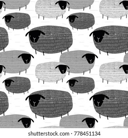 Cute Vector Illustration Seamless Pattern Of Graphic Drawing Funny Sheep On Grey Background. Fluffy Wool Pet Background For Fabric, Textile, Paper, Wallpaper, Wrapping Or Greeting Card. Doodle Element